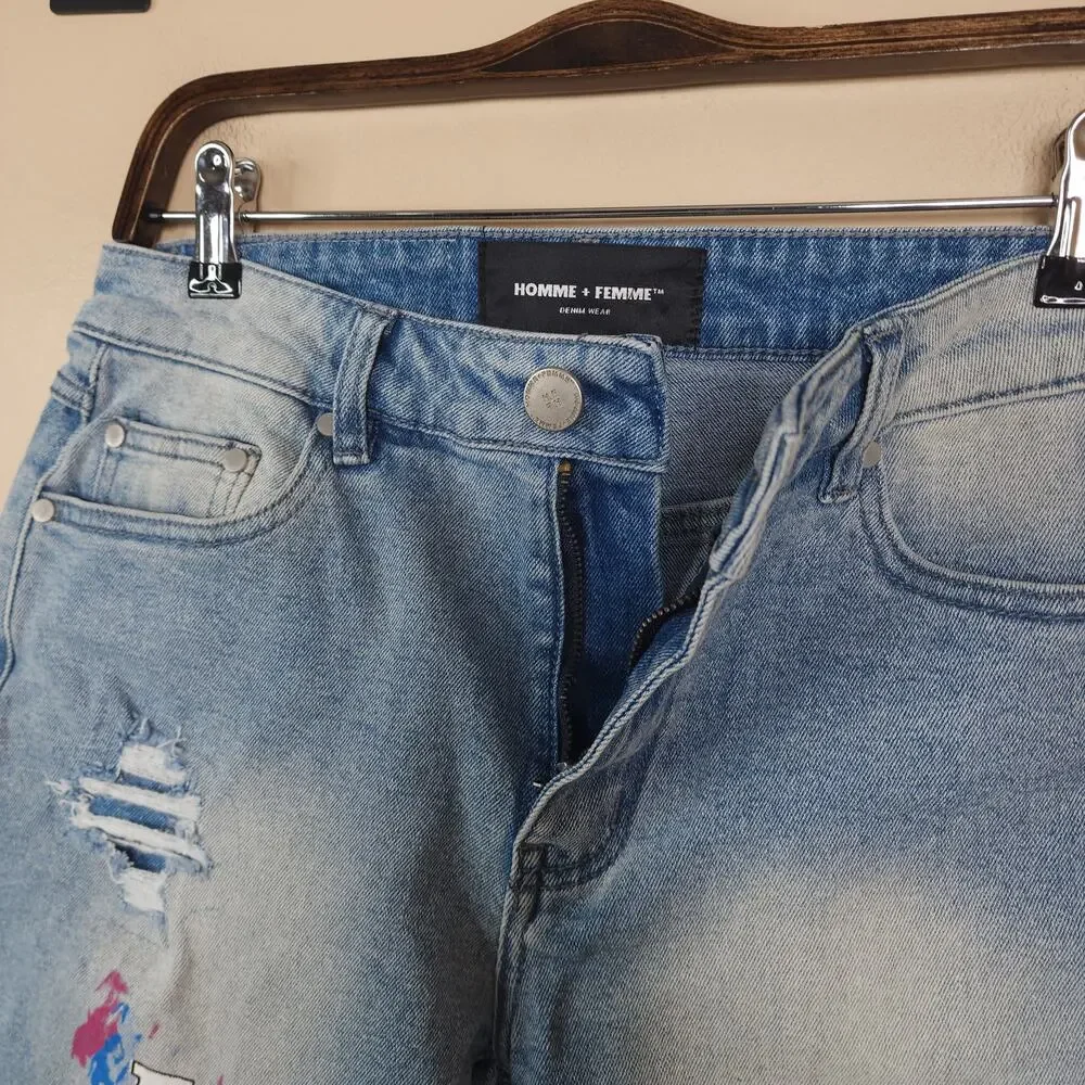 Homme + Femme Hand Paint Logo Distressed Denim Jean Shorts With Rips Size 30